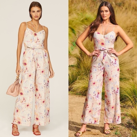 PAIGE X LIBERTY Floral Linen Sleeveless Belted Tie Neck Wide Leg Jumpsuit 4 - Picture 1 of 13